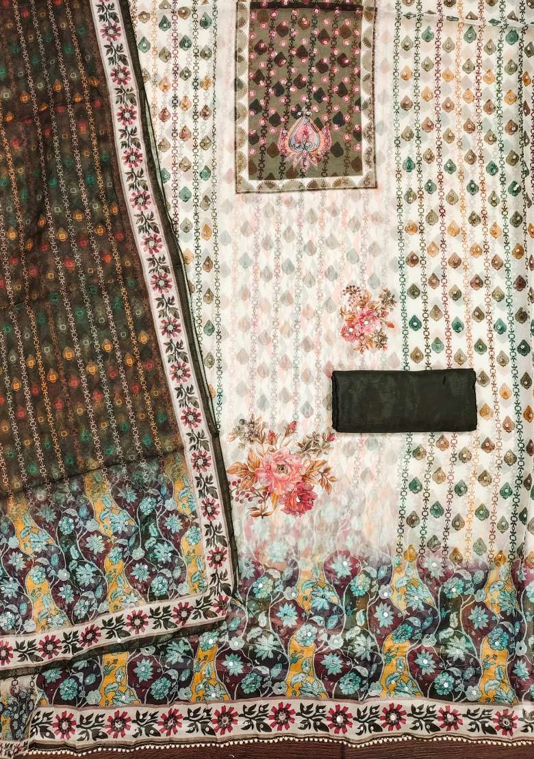 Multicolor Embroidered Oragnza Dress Material - Indya