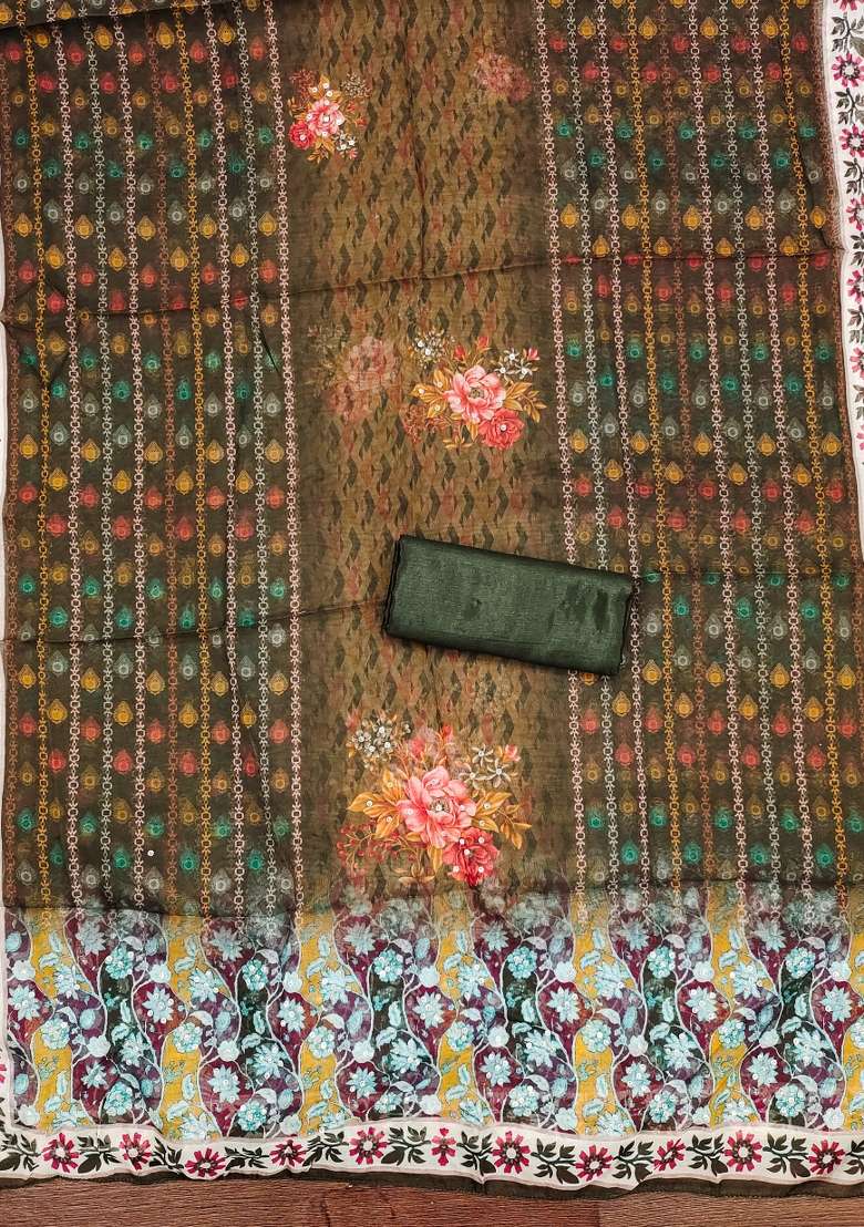 Multicolor Embroidered Oragnza Dress Material - Indya