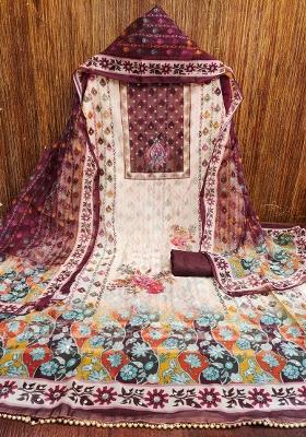 Multicolor Embroidered Oragnza Dress Material