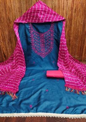 Blue Embroidered Cotton Blend Dress Material