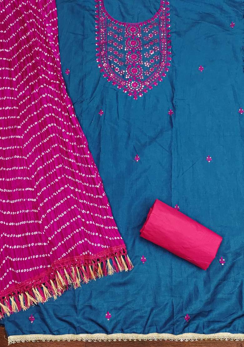 Blue Embroidered Blended Straight Kurta Set - Indya
