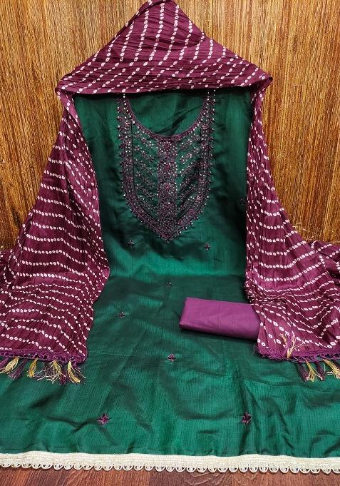 Green Embroidered Cotton Blend Dress Material