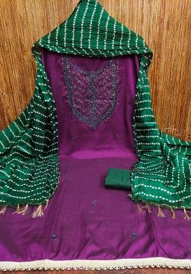 Voilet Embroidered Cotton Blend Dress Material