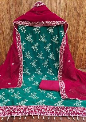 Green Embroidered Silk Dress Material