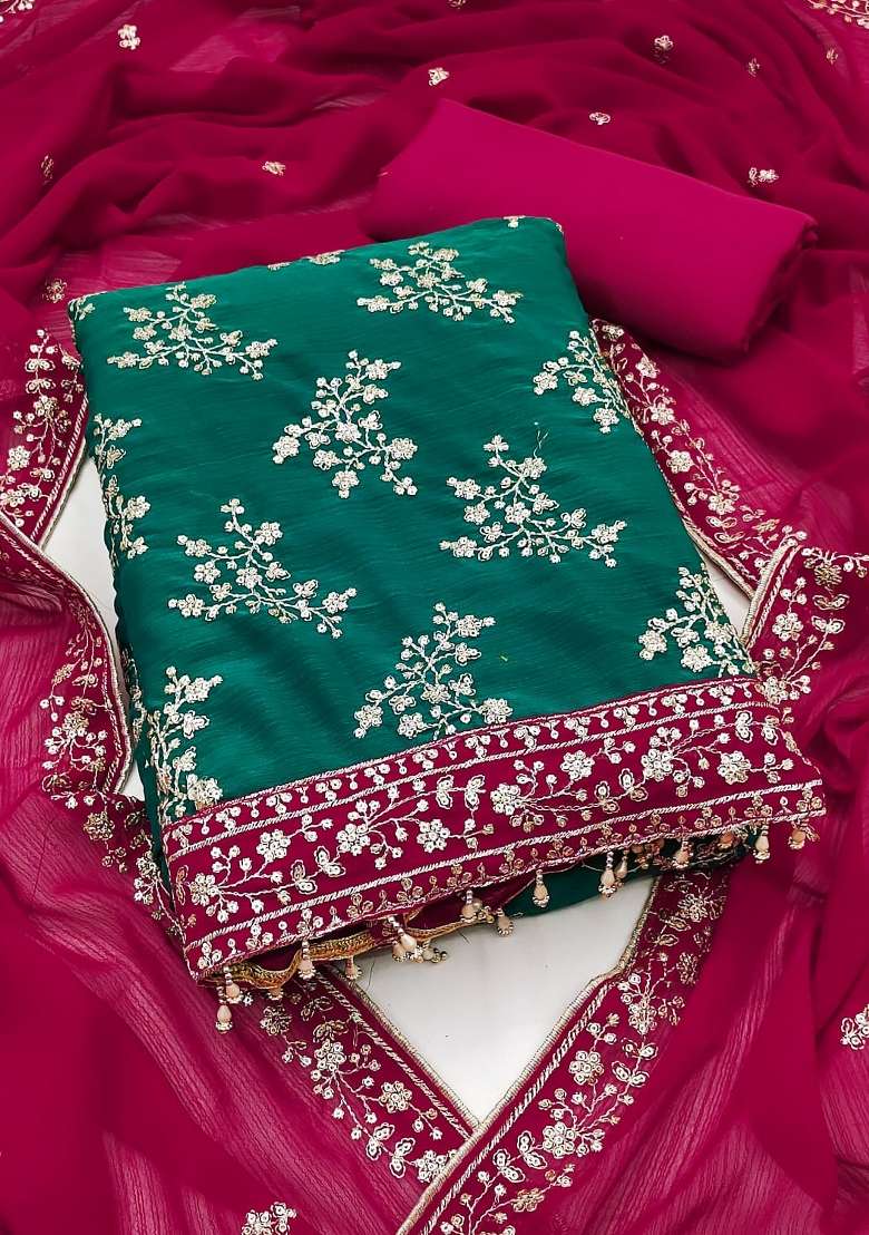 Green Embroidered Silk Punjabi Suit - Indya