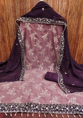 Lavender Embroidered Silk Dress Material