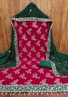 Maroon Embroidered Silk Dress Material