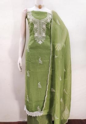 Green Embroidered Silk Dress Material