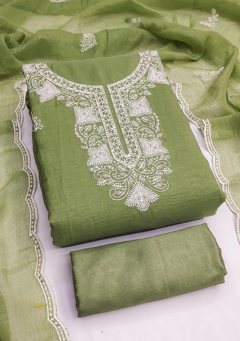 Green Embroidered Silk Dress Material - Indya