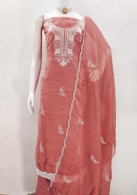 Peach Embroidered Silk Dress Material