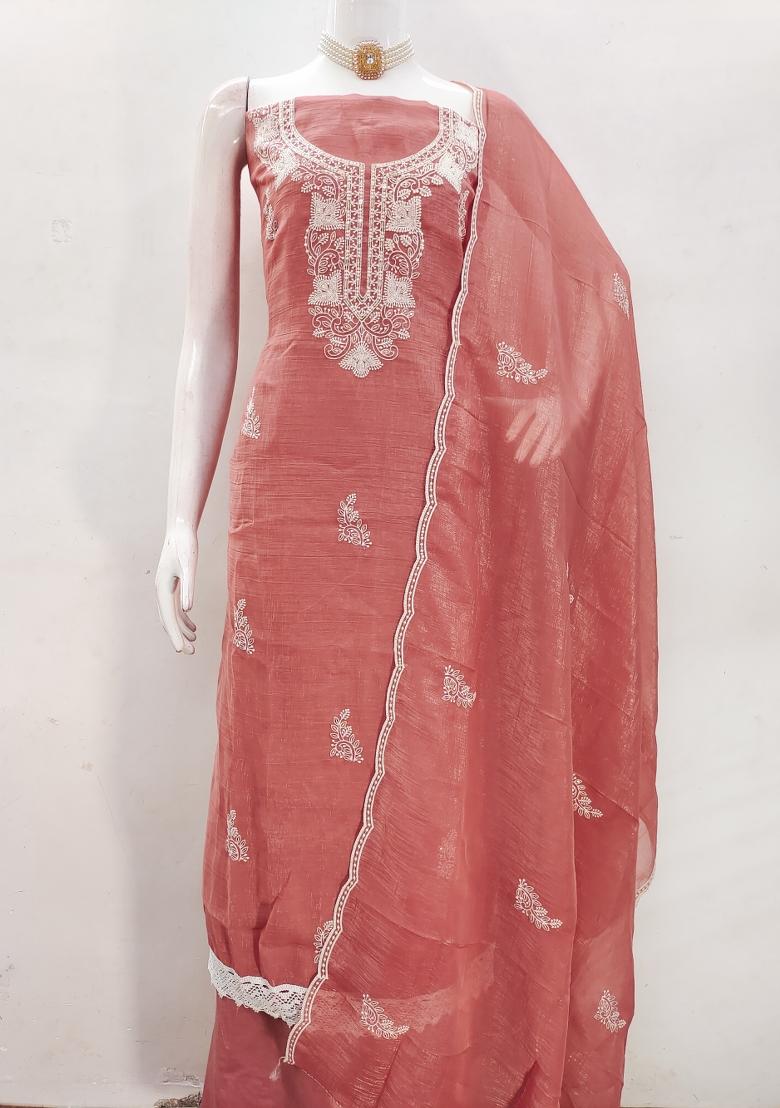Peach Embroidered Silk Dress Material