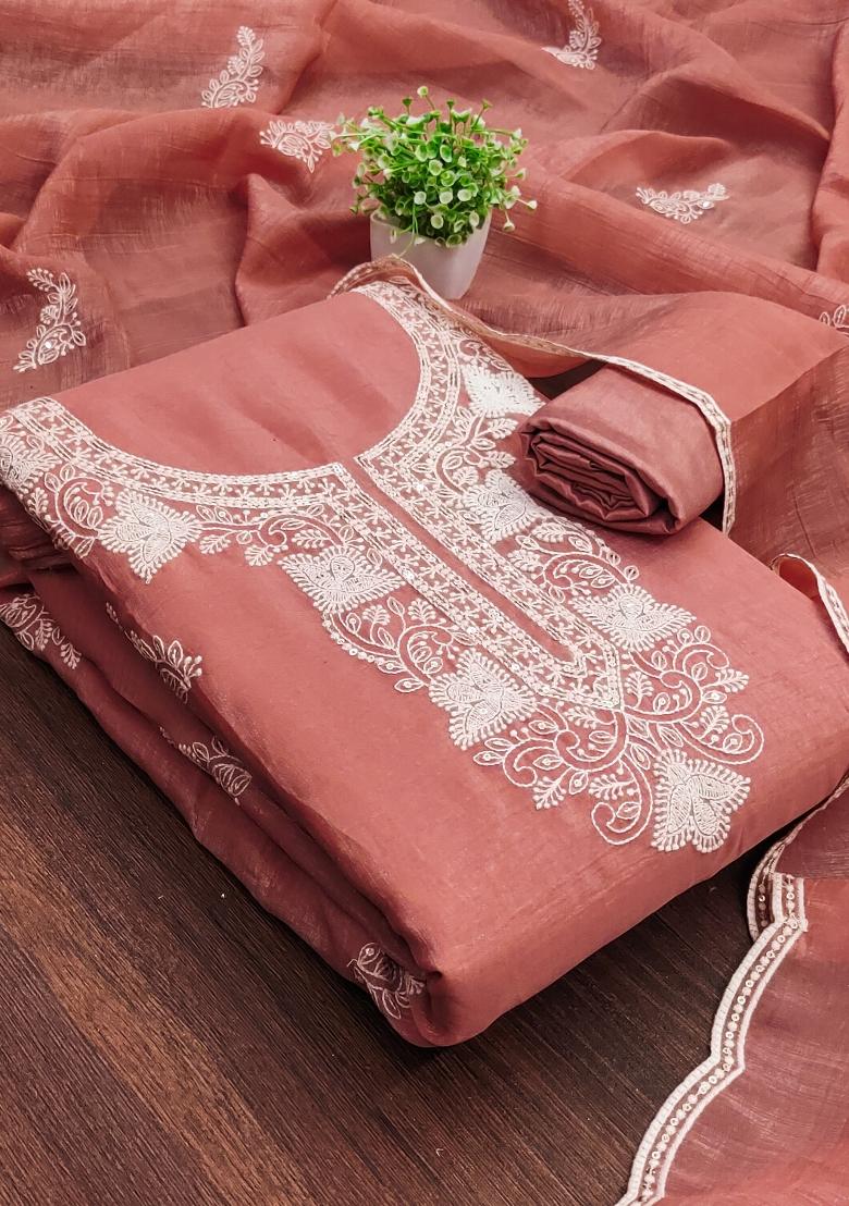 Peach Embroidered Silk Dress Material