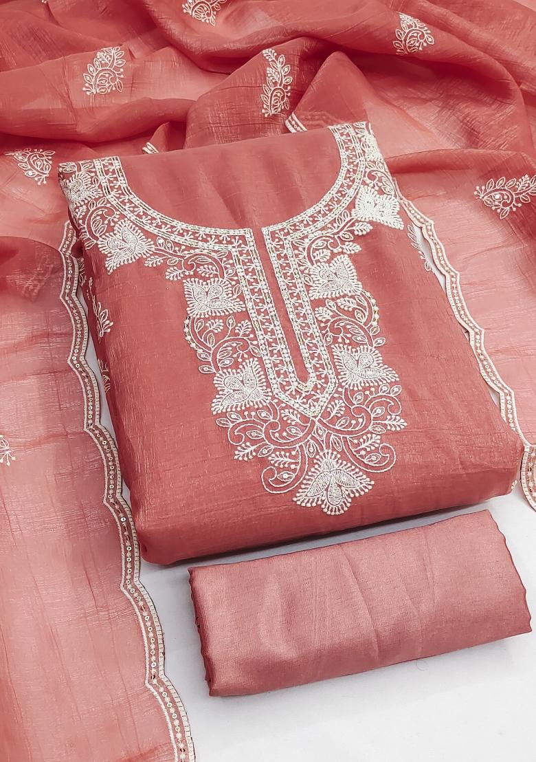 Peach Embroidered Silk Dress Material