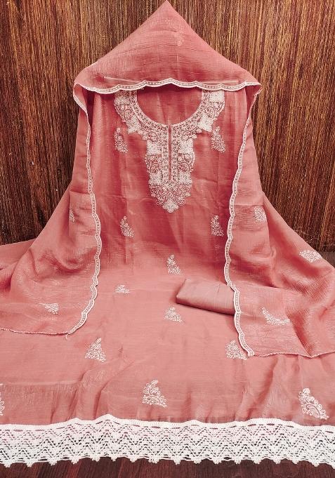 Peach Embroidered Silk Dress Material