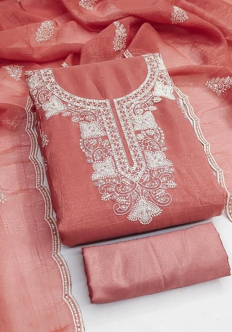 Peach Embroidered Silk Dress Material