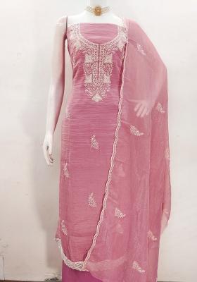Pink Embroidered Silk Dress Material