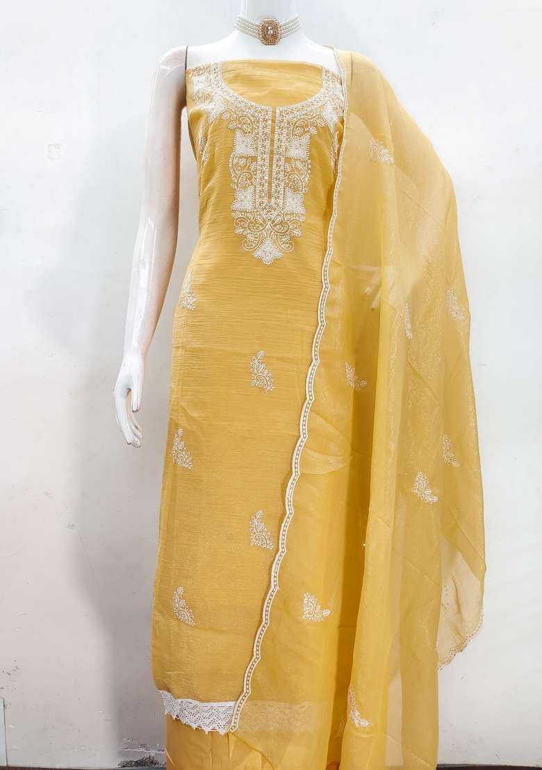 Yellow Embroidered Silk Dress Material - Indya