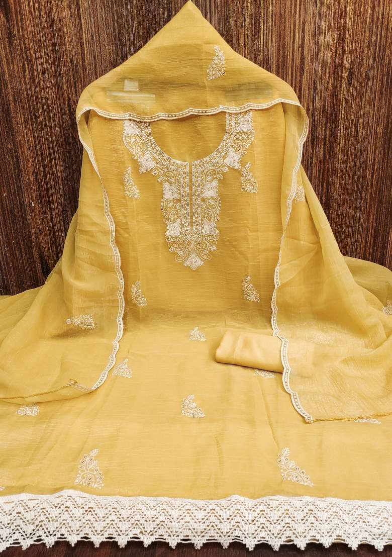 Yellow Embroidered Silk Dress Material - Indya