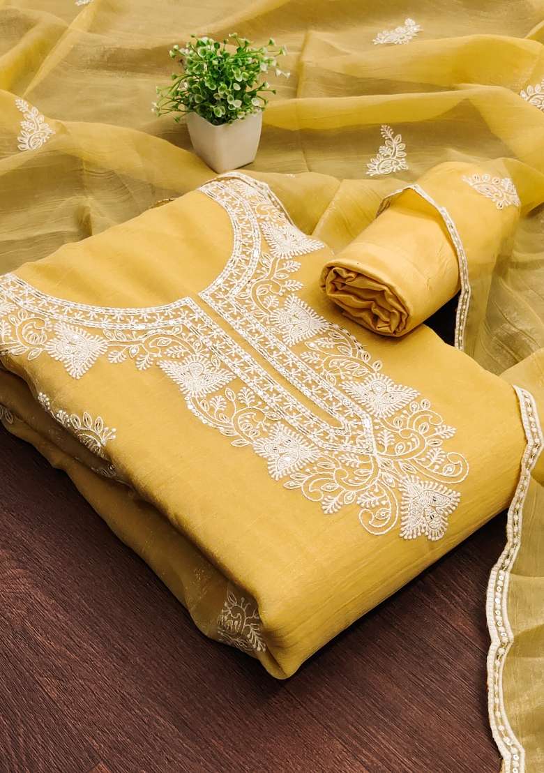 Yellow Embroidered Silk Dress Material - Indya