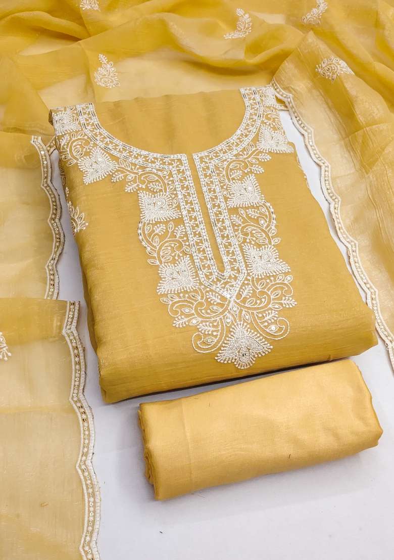 Yellow Embroidered Silk Dress Material - Indya