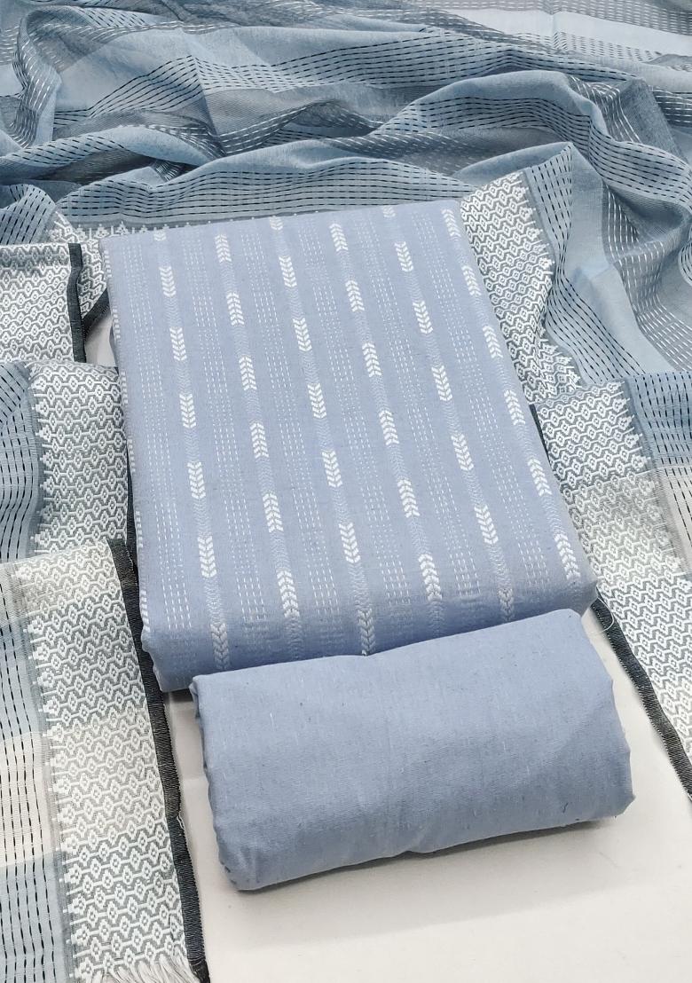 Grey Embroidered Cotton Blend Dress Material - Indya