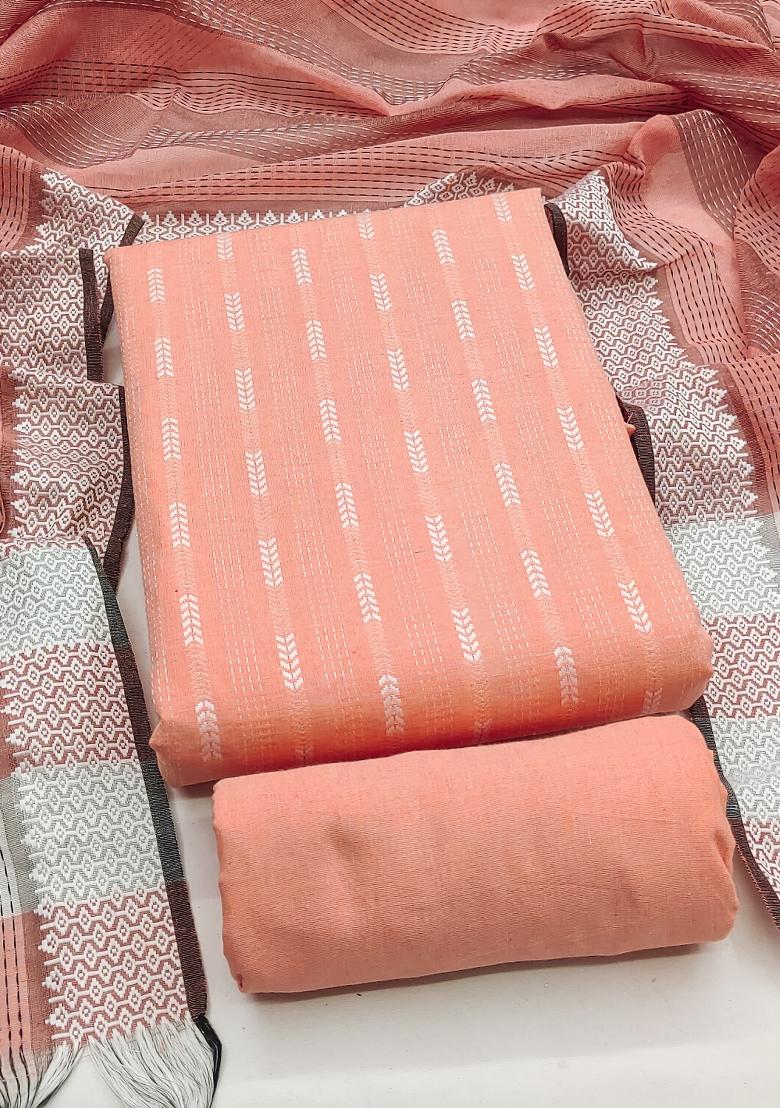 Peach Embroidered Cotton Blend Dress Material - Indya