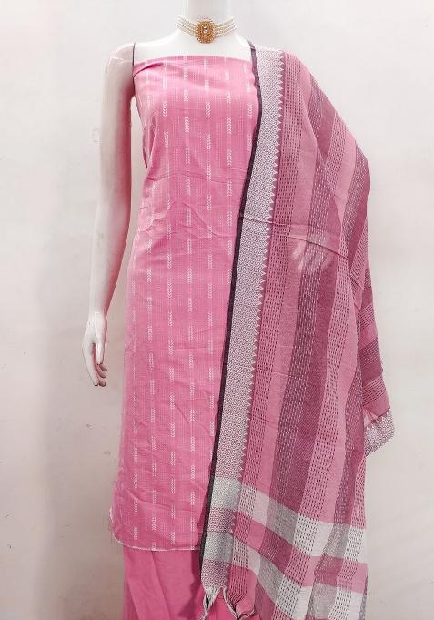 Pink Striped Blended Straight Kurta Set