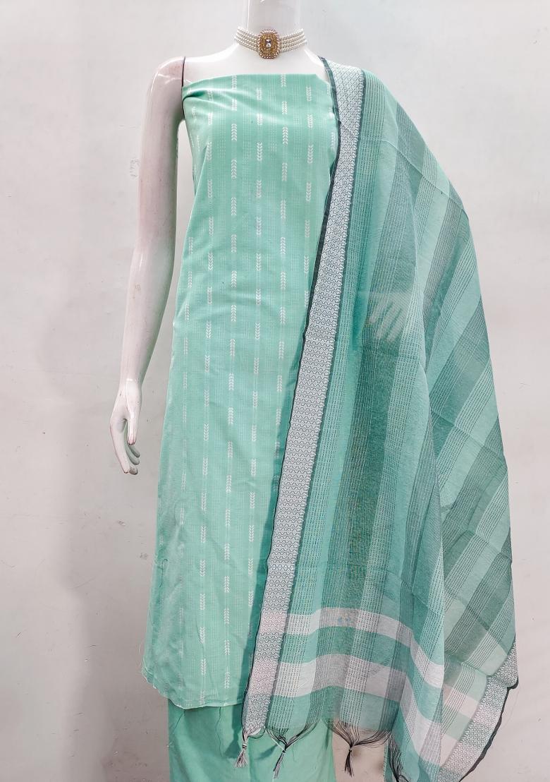 Sea Green Embroidered Cotton Blend Dress Material