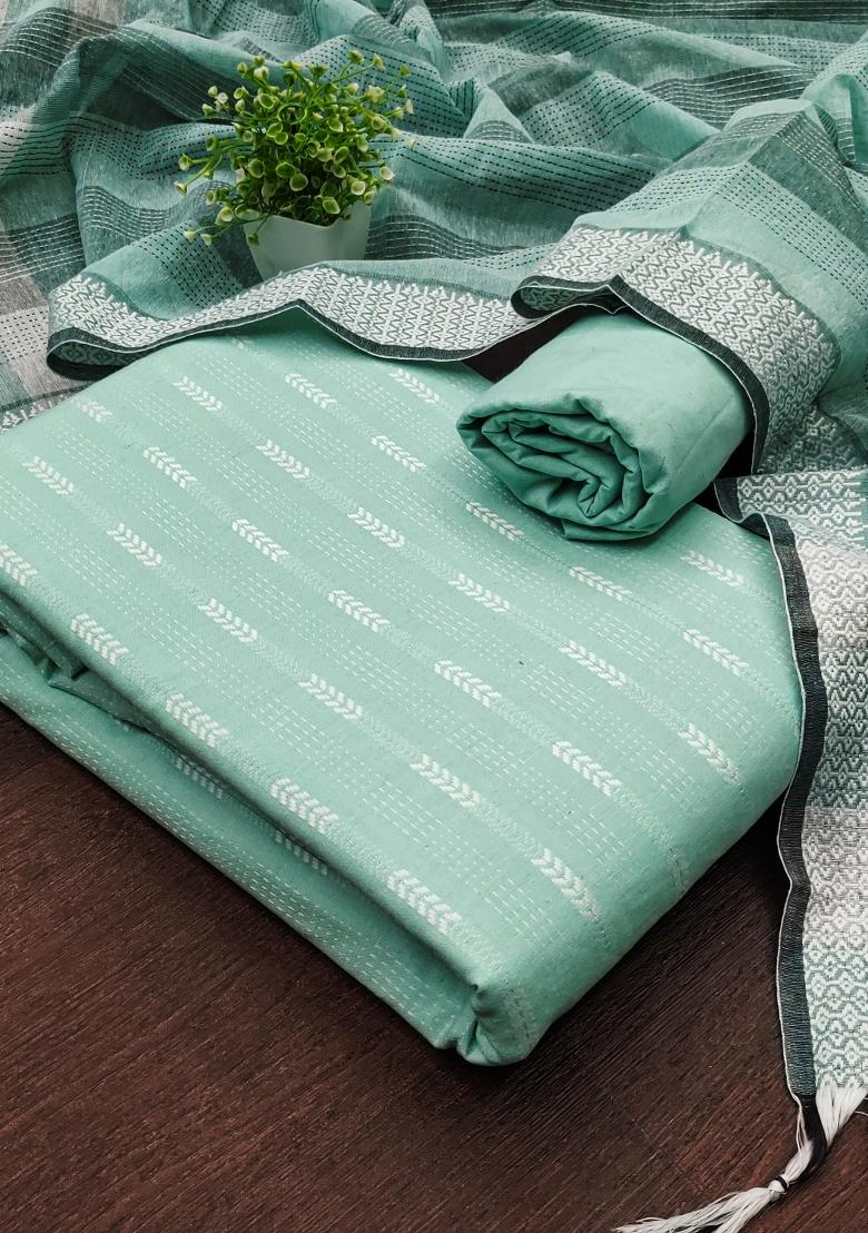 Sea Green Embroidered Cotton Blend Dress Material