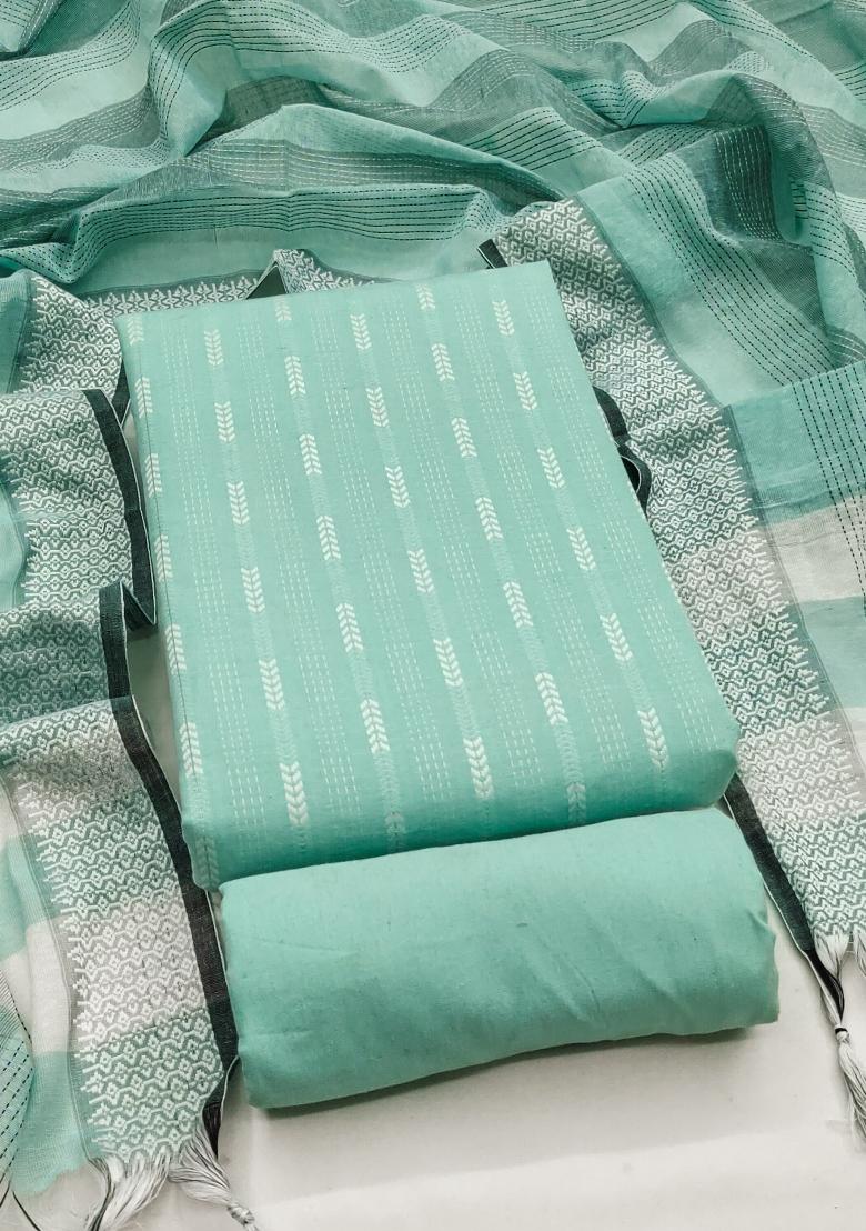 Sea Green Embroidered Cotton Blend Dress Material