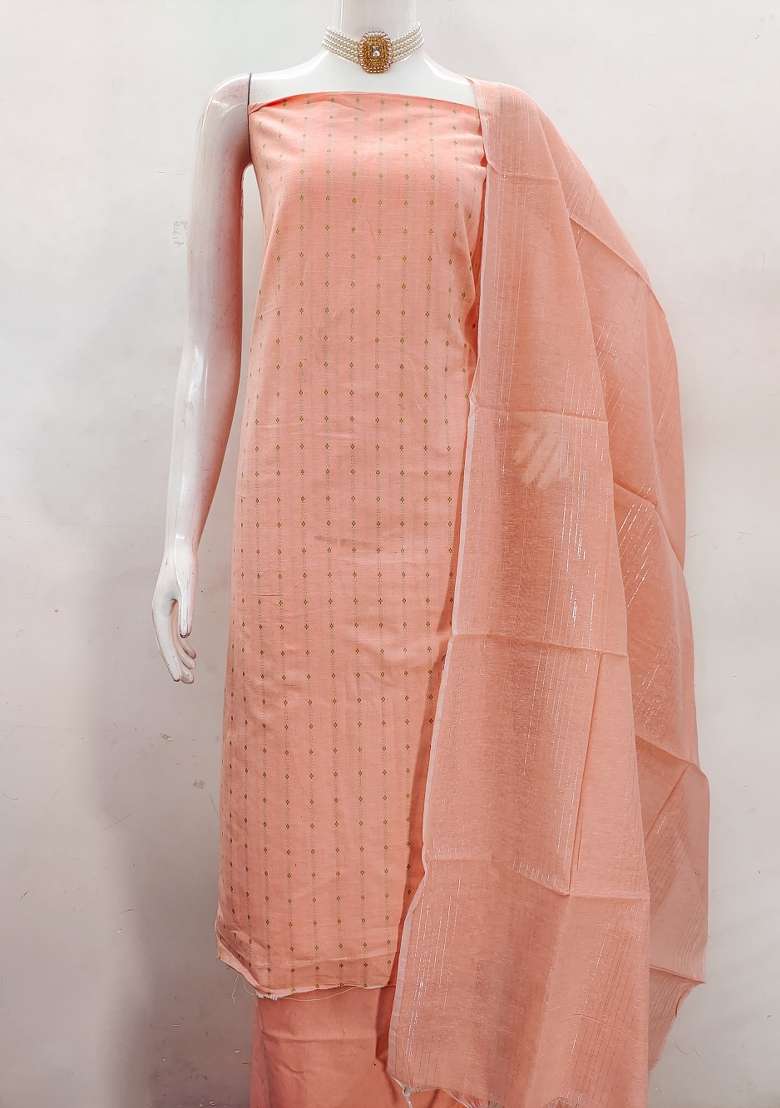 Peach Embroidered Cotton Blend Dress Material - Indya