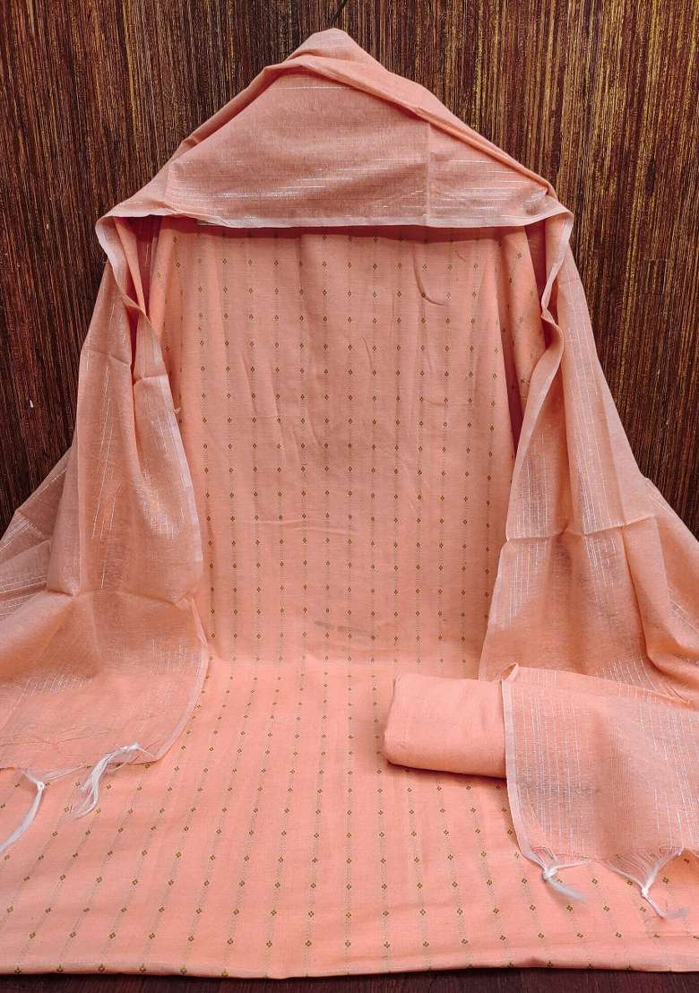 Peach Embroidered Cotton Blend Dress Material - Indya