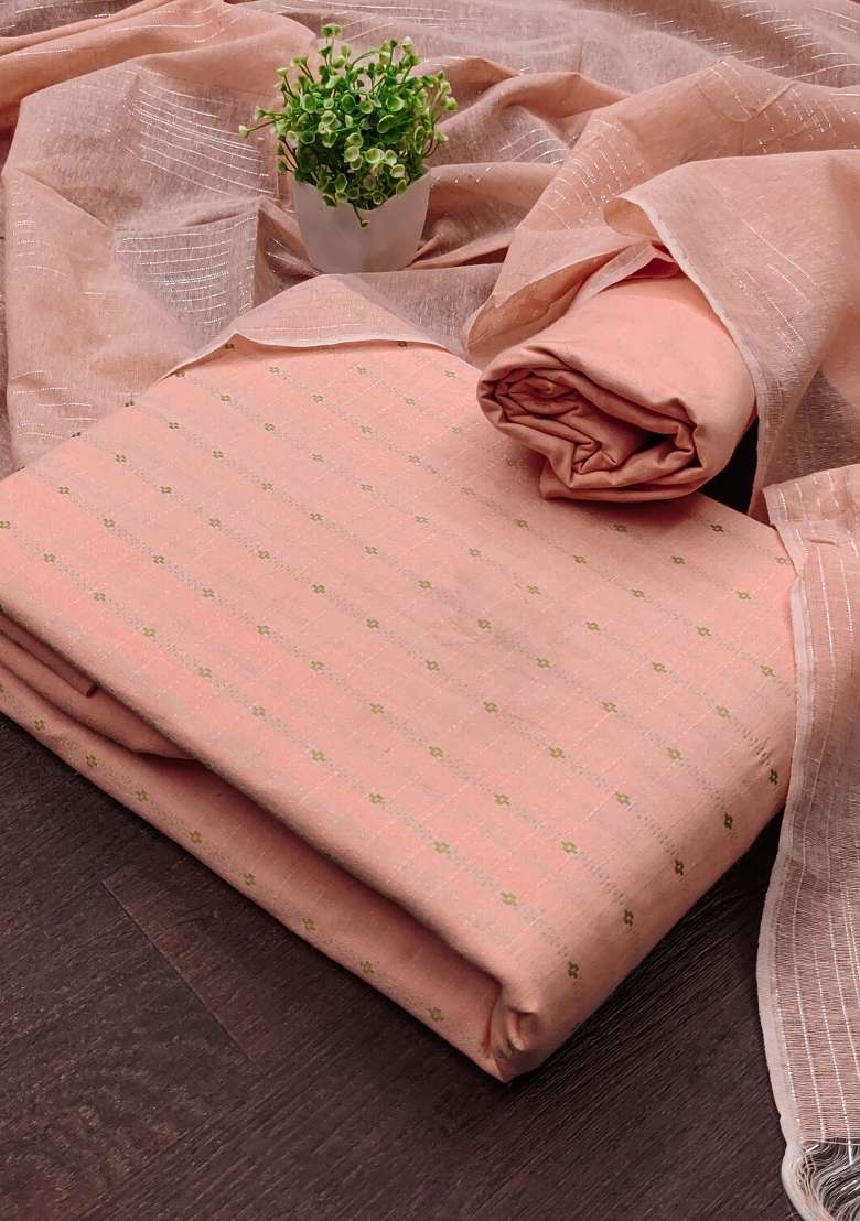 Peach Embroidered Cotton Blend Dress Material - Indya