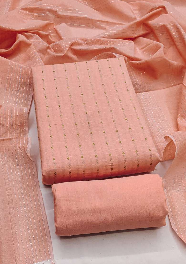 Peach Embroidered Cotton Blend Dress Material - Indya