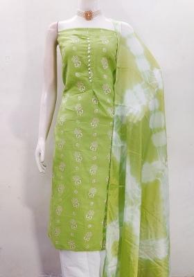 Green Embroidered Cotton Blend Dress Material