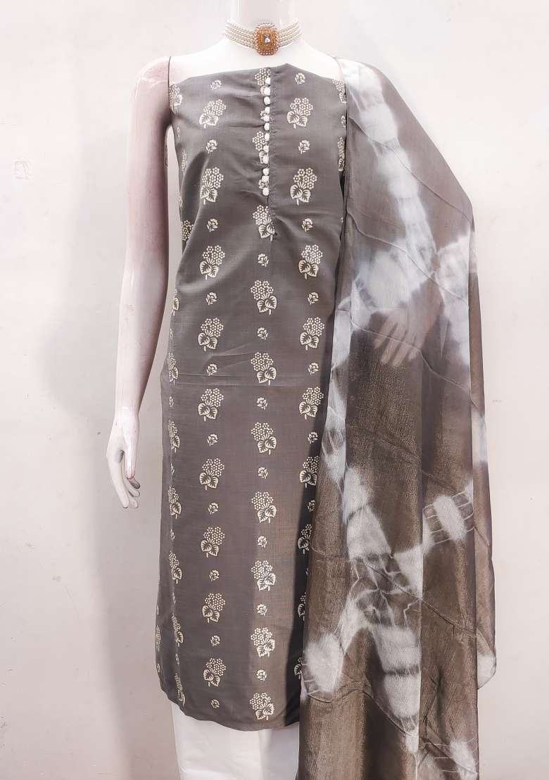 Grey Embroidered Blended Straight Kurta Set - Indya