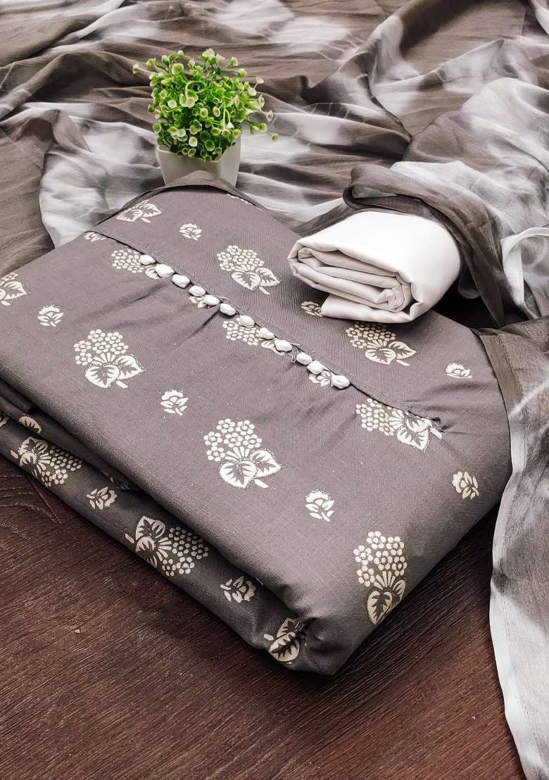 Grey Embroidered Blended Straight Kurta Set - Indya