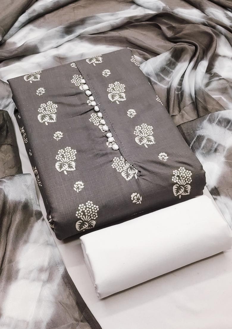 Grey Embroidered Cotton Blend Dress Material - Indya