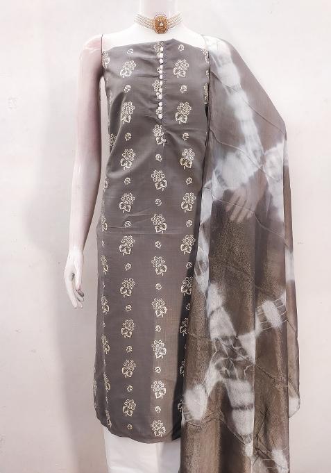 Grey Embroidered Cotton Blend Dress Material