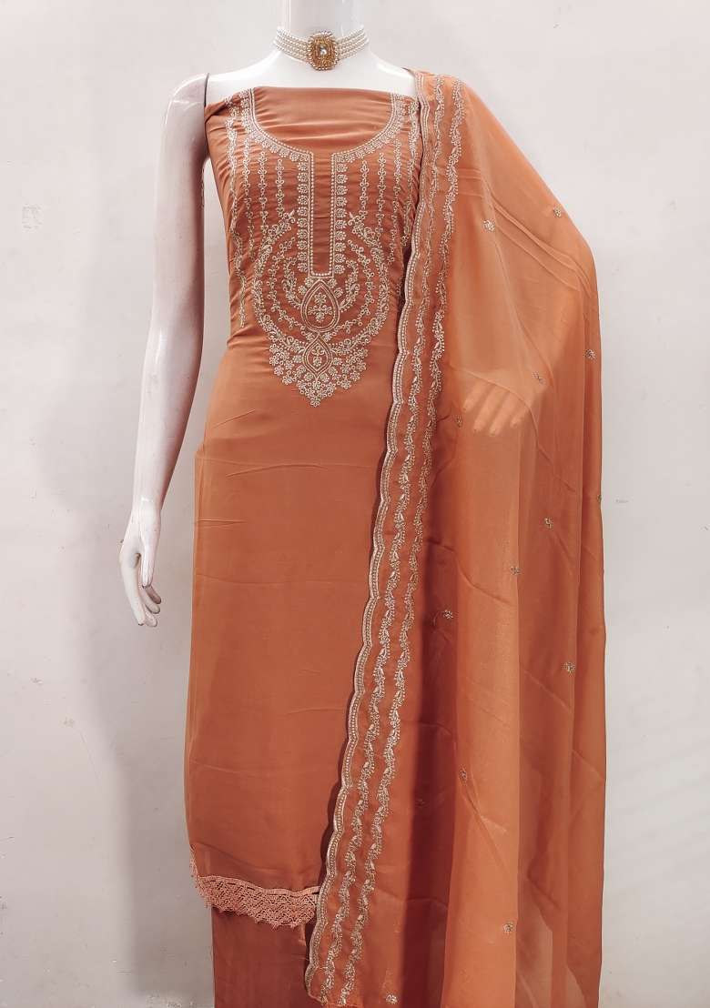 Peach Embroidered Georgette Dress Material - Indya
