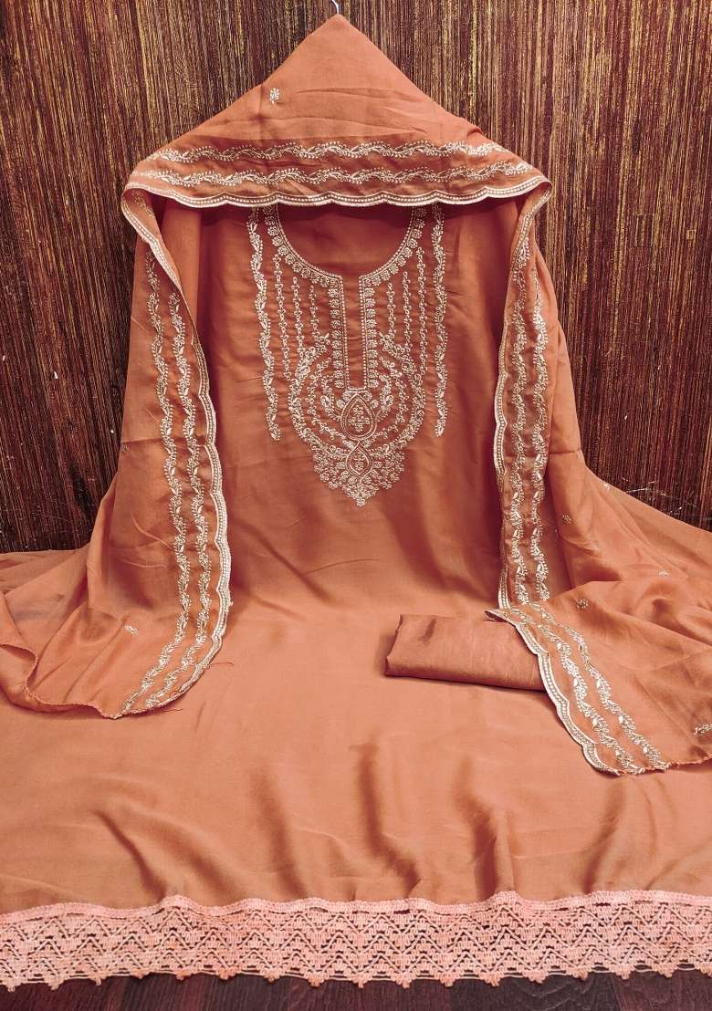 Peach Embroidered Georgette Dress Material - Indya