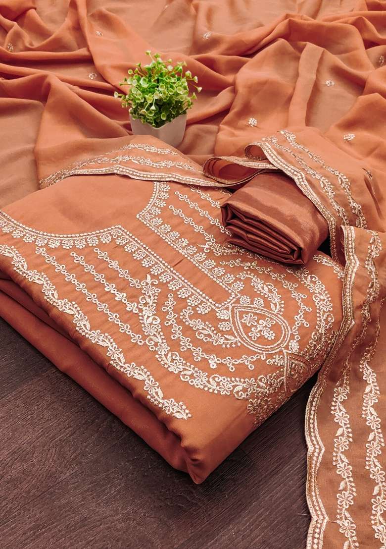 Peach Embroidered Georgette Dress Material - Indya