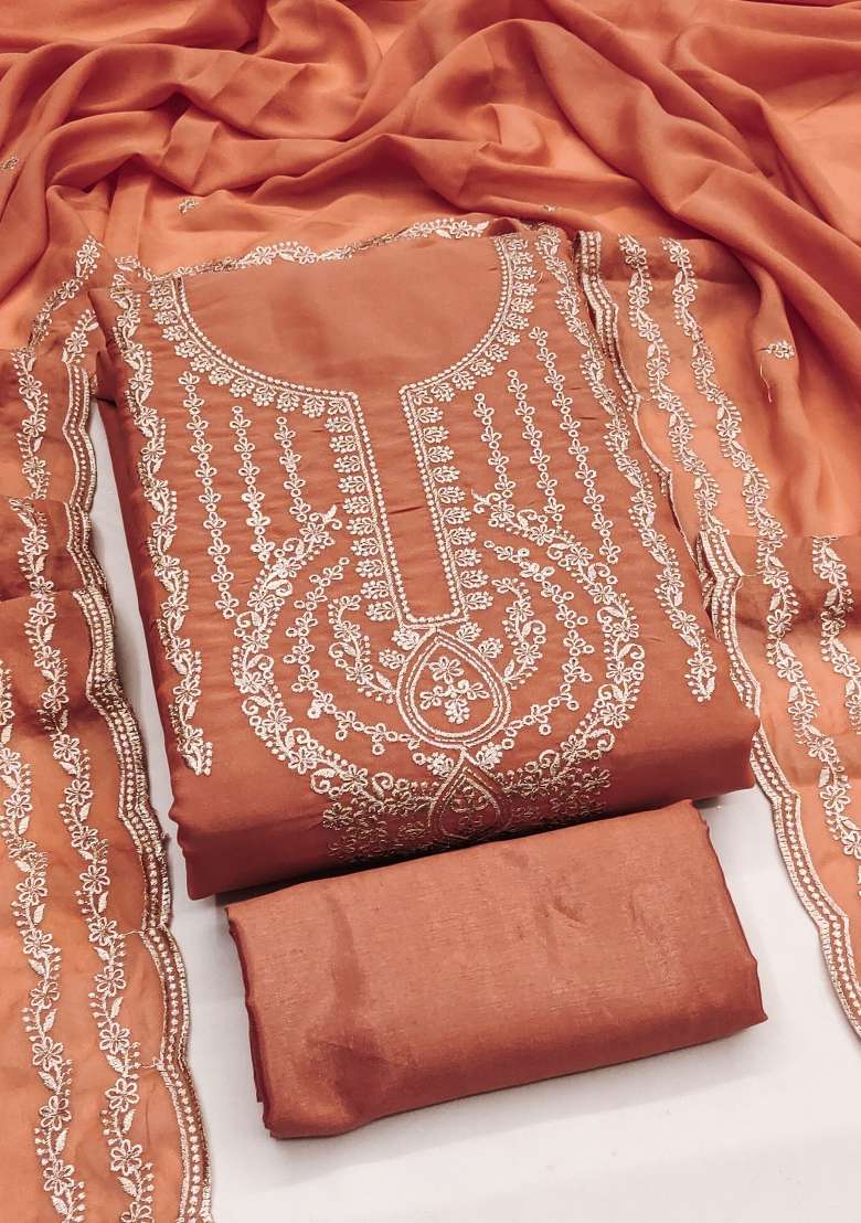Peach Embroidered Georgette Dress Material - Indya