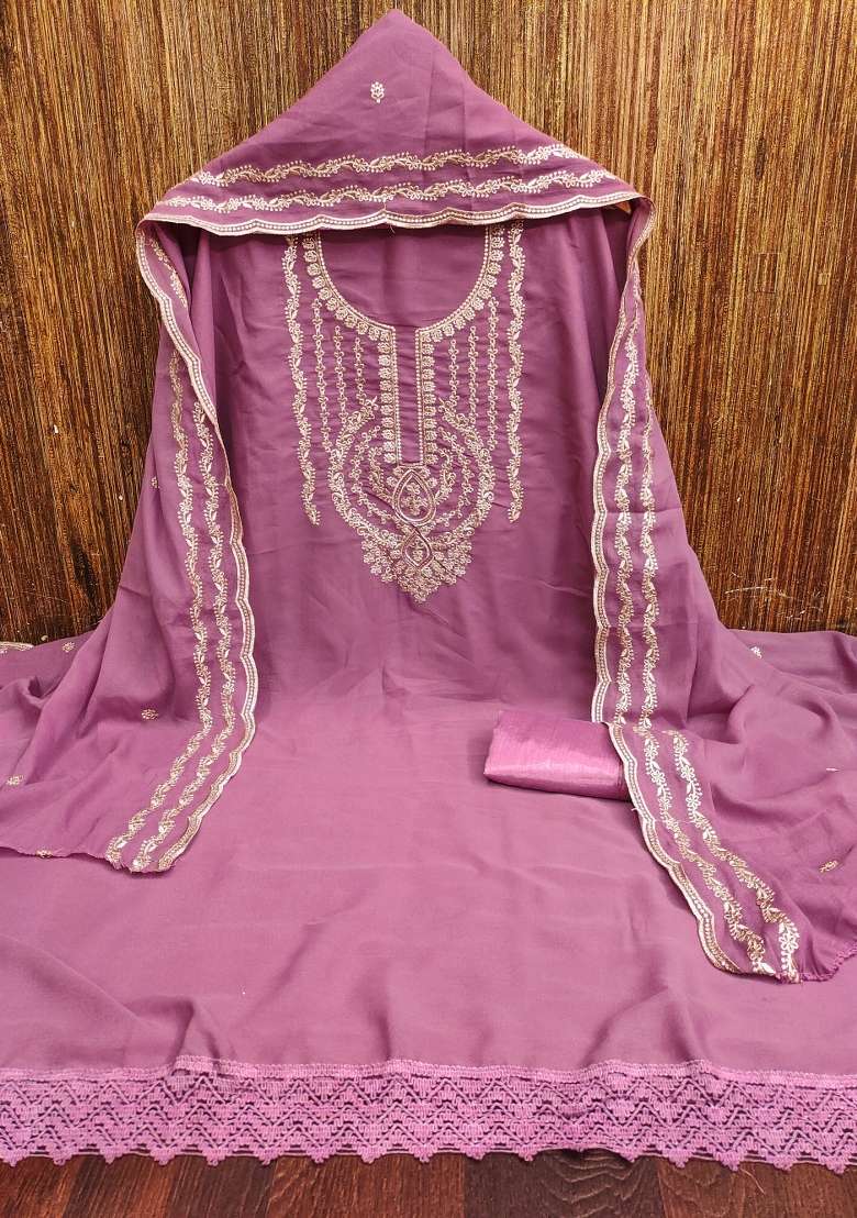 Purple Embroidered Georgette Pakistani Suit Set - Indya
