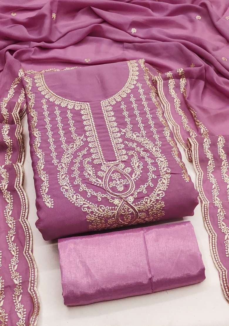 Purple Embroidered Georgette Pakistani Suit Set - Indya