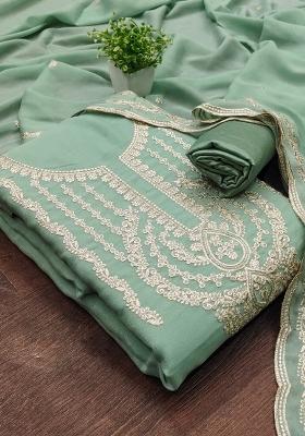 Sea Green Embroidered Georgette Dress Material