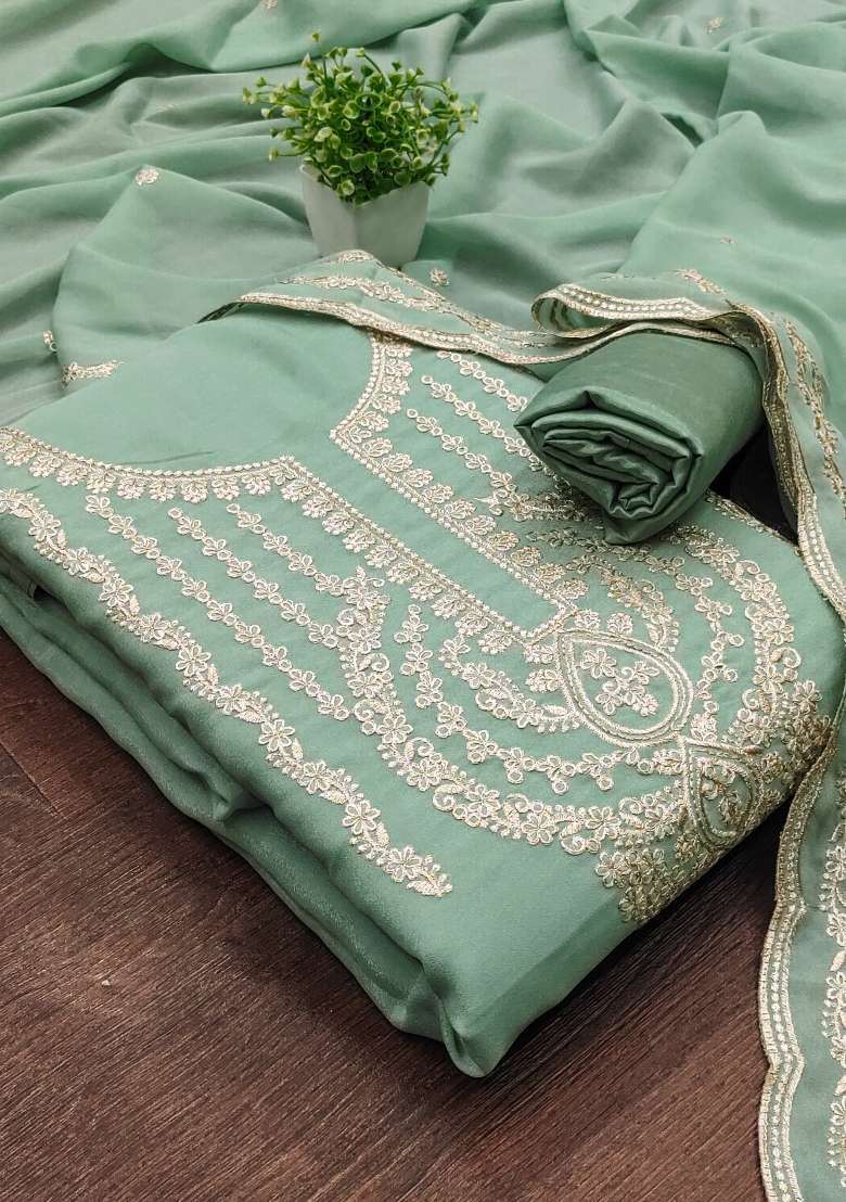 Sea Green Embroidered Georgette Straight Kurta Set - Indya