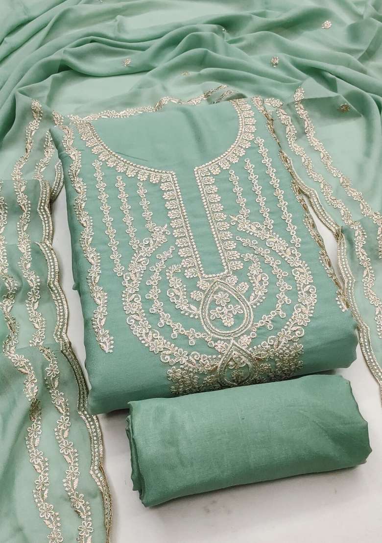 Sea Green Embroidered Georgette Straight Kurta Set - Indya