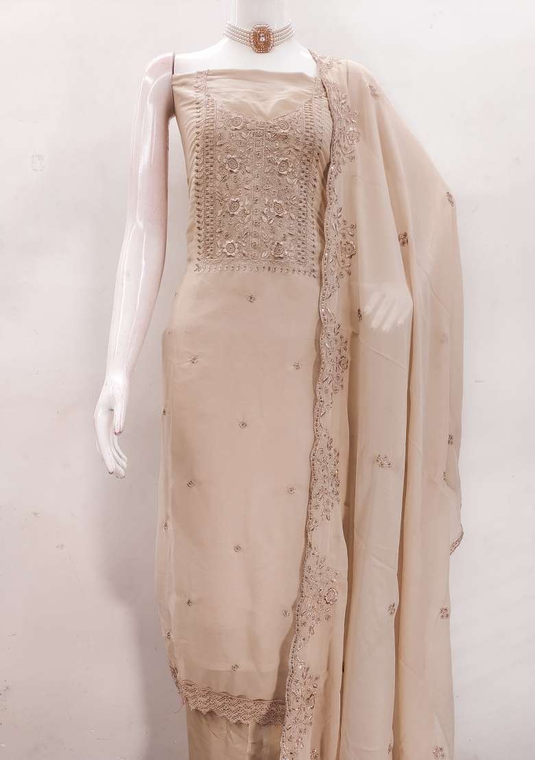 Beige Embroidered Georgette Pakistani Suit Set - Indya