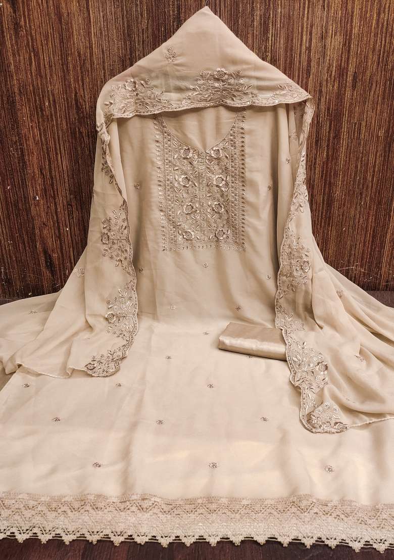 Beige Embroidered Georgette Pakistani Suit Set - Indya